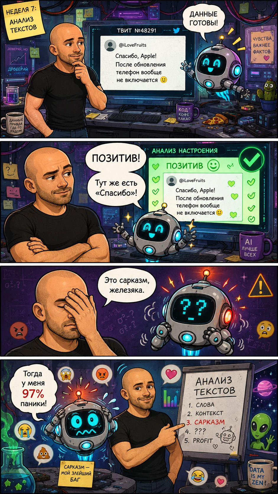 Комикс недели 7: робот ошибочно считает саркастическое сообщение про Apple позитивным, а профессор Игорь объясняет роль контекста и сарказма